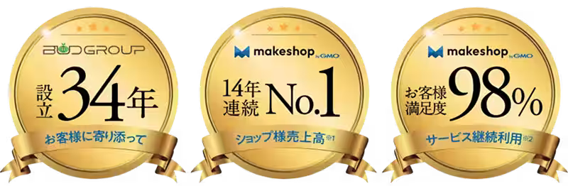 BUD GROUP 設立34年 makeshop byGMO 14年連続No.1 makeshop byGMO お客様満足度98%
